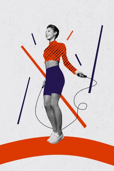 スポーツ女性のトレーニングジャンプロープコンセプトスポーツストア販売広告の創造的な雑誌のポスターのコラージュ — ストック写真