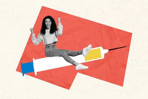 Creative Poster Banner Collage Excited Woman Sit Flying Syringe Blue — Foto Stock