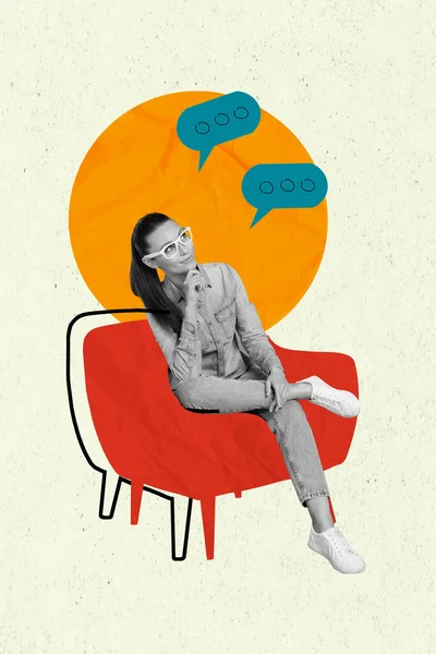 縦コラージュ画像の考え方黒白効果女の子座って椅子手タッチ顎絶縁上絵の背景 — ストック写真