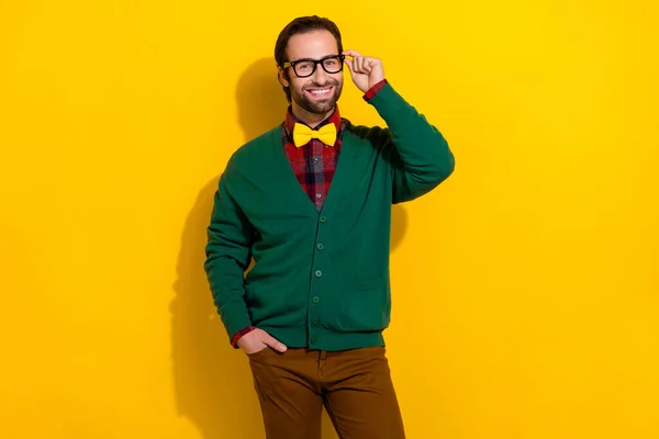 Photo Portrait Young Nice Guy Touch Spectacles Smart Professional Dressed — стоковое фото