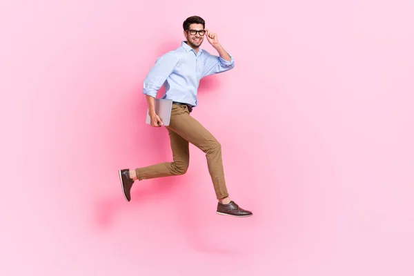 Full Body Size Photo Young Jumping Hurry Smart Economist Guy — Fotografia de Stock