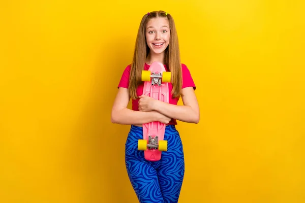 Portrait Satisfied Optimistic Adorable Girl Long Hairdo Dressed Pink Top — Stockfoto
