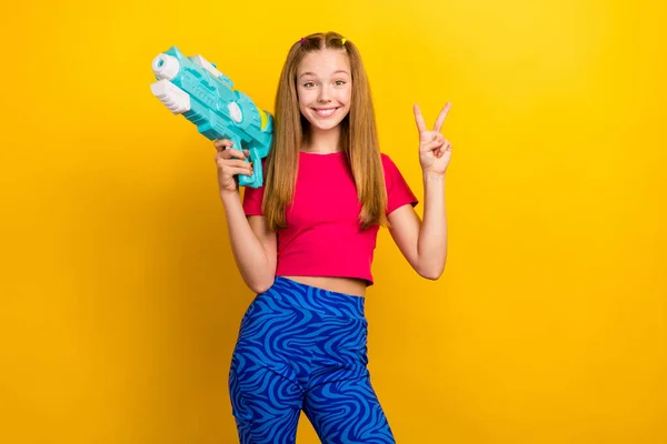 Photo Young Cheery Teenager Girl Brown Hair Tails Wear Blue — Fotografia de Stock