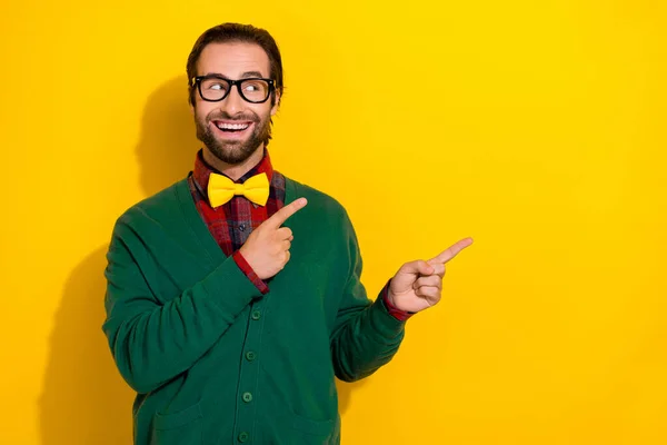 Photo Portrait Nice Guy Spectacles Point Look Empty Space Promoter — Stock Photo, Image
