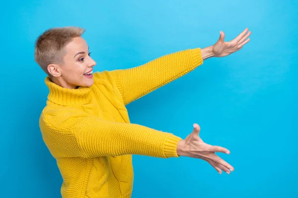 Photo Excited Funny Lady Wear Knit Sweater Holding Arms Empty — Foto Stock