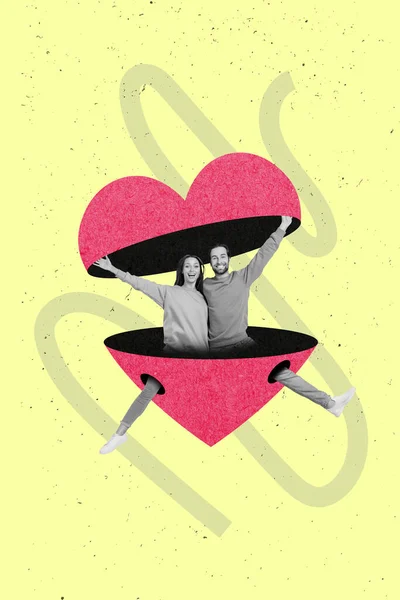 Vertical Collage Image Two Cheerful Lovers Black White Colors Huge — Zdjęcie stockowe
