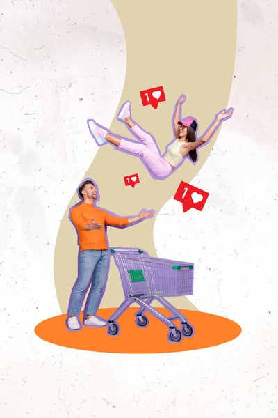 Vertical Collage Picture Smiling Guy Arms Catch Falling Excited Girl — 图库照片