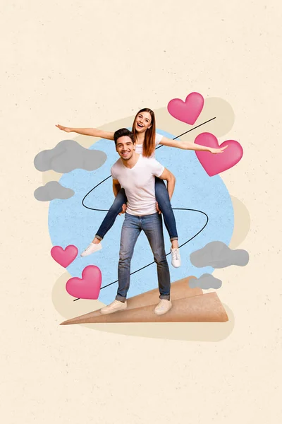 Vertical Collage Image Two Positive Cheerful People Piggyback Arms Wings — Zdjęcie stockowe