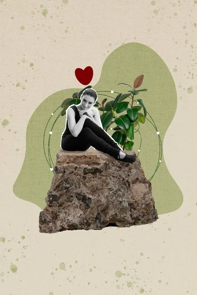 Photo Artwork Minimal Collage Picture Dreamy Charming Lady Sitting Jungle —  Fotos de Stock