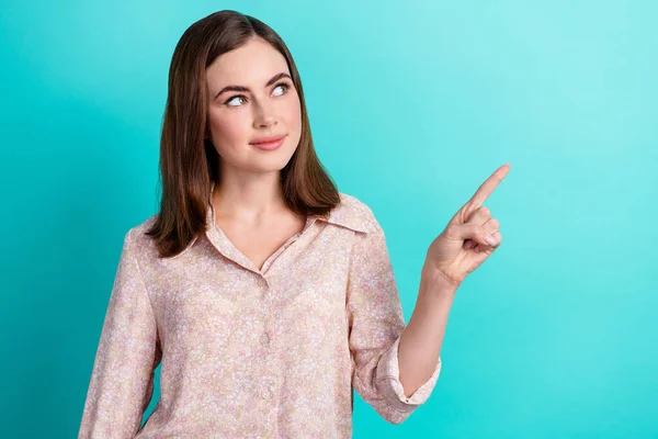 Photo Lovely Young Woman Look Curious Finger Point Empty Space — Stockfoto