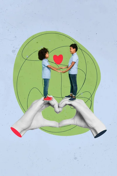 Vertical collage image of big arms show heart symbol hold two cheerful little kids drawing heart isolated on creative background.