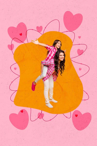 Vertical Collage Picture Mother Hold Excited Daughter Piggyback Drawing Hearts — Stockfoto