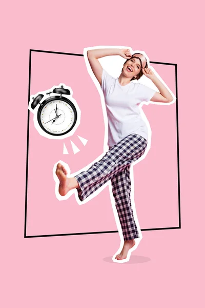 Vertical Collage Portrait Excited Positive Girl Dancing Wear Pajama Vintage — Stockfoto