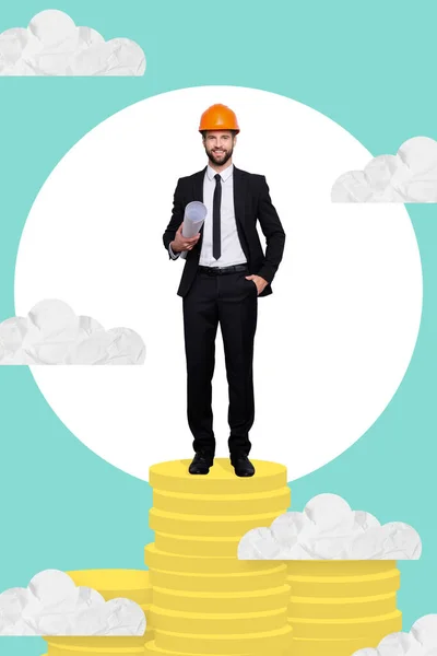 Vertical Collage Image Mini Confident Man Stand Huge Pile Stack — Stockfoto