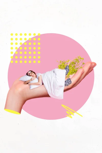 Vertical Collage Image Arm Palm Hold Mini Sleeping Girl Pillow —  Fotos de Stock