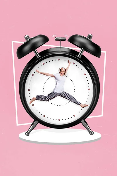 Vertical Collage Image Excited Girl Bell Ring Clock Face Isolated — Stockfoto