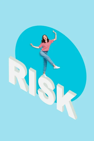 Collage Photo Young Positive Funny Miniature Woman Walk Risk Management — Foto de Stock