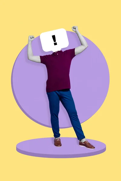 Poster Magazine Collage Absurd Guy Exclamation Mark Head Raise Fist — Stock Photo, Image