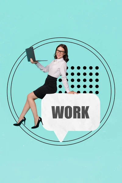 Collage Photo Young Business Lady Working Remote Job Hold Laptop — Foto de Stock