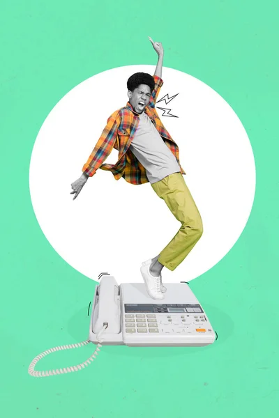 Creative Montage Graphics Collage Happy Funny Guy Dance Loud Telephone — стоковое фото