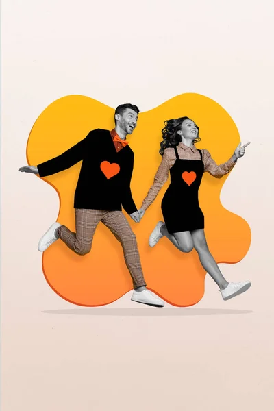 Creative Banner Collage Fun Funny Couple Run Fast Air Advertise — Stock Fotó
