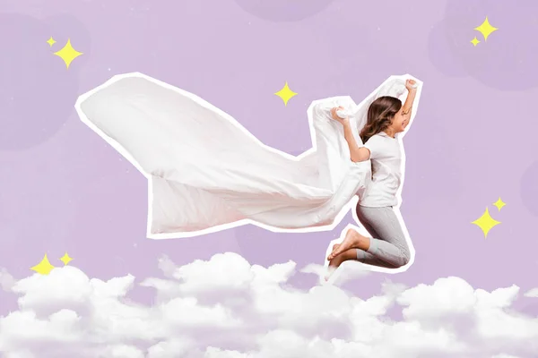 Collage 3d image of pinup pop retro sketch of funny carefree small kid flying blanket isolated painting background.