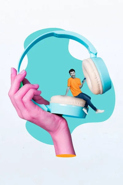 Exclusive Magazine Picture Sketch Collage Image Funky Guy Sitting Headphones — Stockfoto
