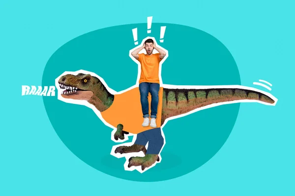 Advert Magazine Template Collage Shocked Guy Ride Travel Giant Dinosaur — Photo