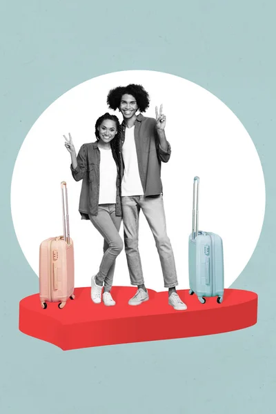 Vertical collage picture of two positive black white effect partners show v-sign travel suitcase isolated on creative background.