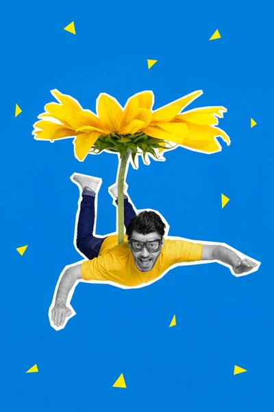 Creative Advert Template Collage Funky Man Parachutist Landing Yellow Daisy — Stok fotoğraf
