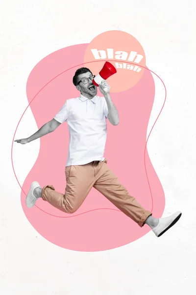 Creative Template Magazine Collage Funky Young Guy Worker Use Megaphone — Stock Photo, Image