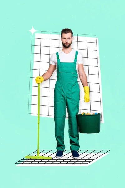 Collage Photo Professional Cleaner Man Housekeeper Washing Apartments Shine Flat — Photo