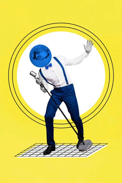 Vertical Collage Picture Singer Performer Guy Disco Ball Instead Head — Fotografia de Stock