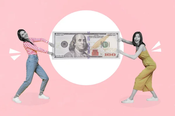 Banner Magazine Collage Two Girls Hold Ends Hundred Dollar Banknote — стоковое фото