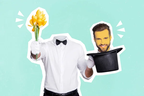 Collage Picture Professional Magician Guy Arm Hold Flowers Head Hat — Stock Photo, Image