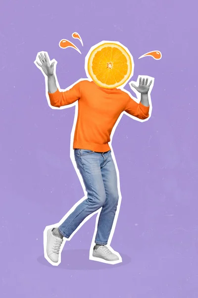 Composite Collage Photo Young Headless Active Guy Orange Slice Fresh — Stockfoto