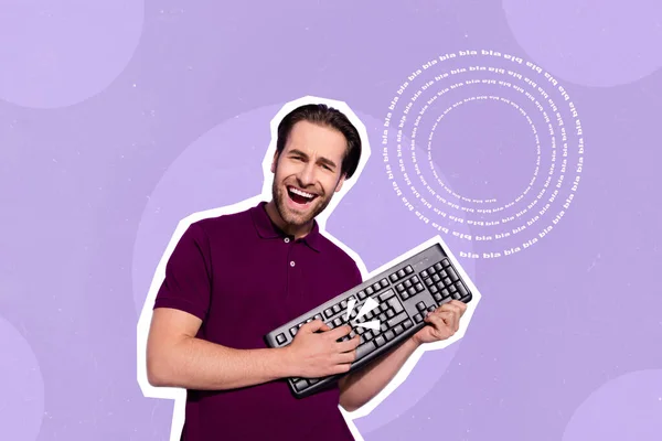Magazine collage poster of excited guy electronic gadget shop assistant using keyboard playing like rocker.