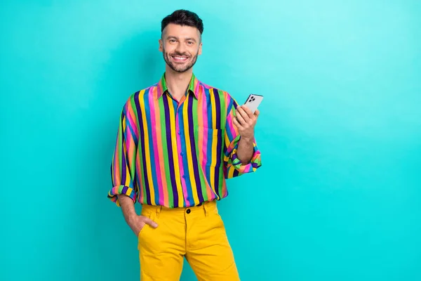 Portrait Optimistic Positive Handsome Guy Brunet Haircut Wear Colorful Shirt — Foto Stock