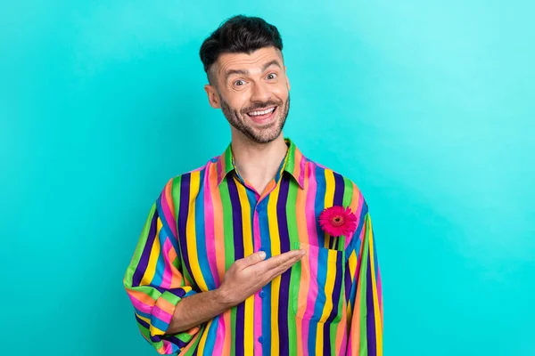 Portrait Cheerful Positive Person Arm Demonstrate Flower Shirt Pocket Isolated — Fotografia de Stock