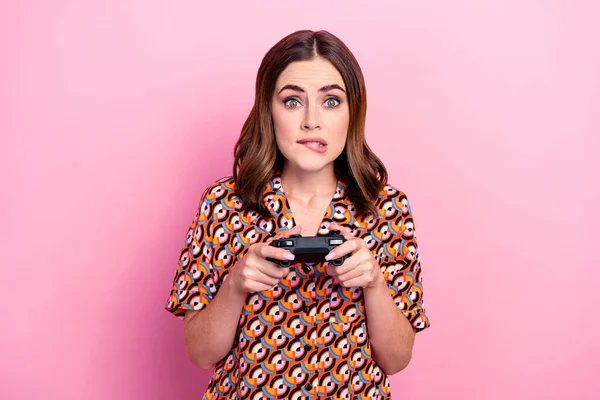 Photo Portrait Lovely Young Lady Bite Lips Playstation Confused Lose — Stockfoto
