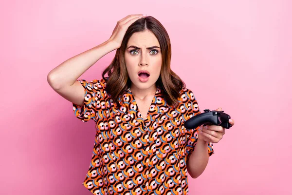 Photo Portrait Attractive Young Woman Arm Touch Head Playstation Terrified — Foto Stock