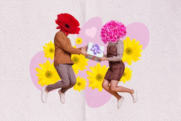 Creative Picture Photo Collage Postcard Beautiful Couple Flower Instead Head — стоковое фото