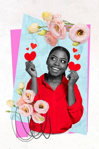 Collage artwork graphics picture of dreamy cute lady excited getting 14 february gifts isolated painting background.