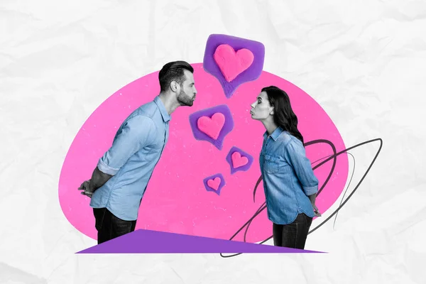 Creative Photo Collage Poster Postcard Pretty Cute Couple Enjoy Time — Stock Fotó