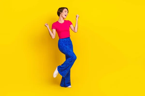 Photo Overjoyed Cheerful Lady Wear Trendy Pink Clothes Shout Hooray — Stock Photo, Image