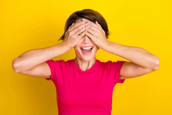 Photo Excited Cheerful Lady Dressed Pink Clothes Arm Face Have — Stockfoto
