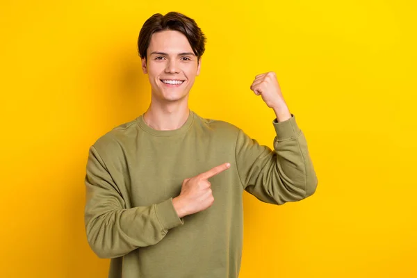 Portrait Positive Nice Person Toothy Smile Direct Finger Arm Raise — Stockfoto
