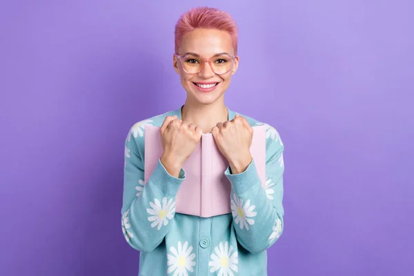 Portrait Adorable Pretty Cheerful Lovely Girl Pink Hairdo Wear Blue — Foto Stock