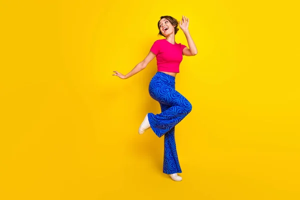 Full Length Photo Cheerful Active Energetic Positive Lady Celebrate Cool — Stock Photo, Image
