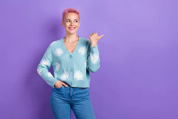 Portrait Toothy Beaming Nice Girl Pink Hairdo Wear Blue Pullover — стоковое фото